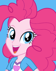 Size: 434x554 | Tagged: safe, imported from derpibooru, pinkie pie, equestria girls, adorkable, blue background, bust, cute, dork, female, looking at you, official, open mouth, simple background, smiling, solo