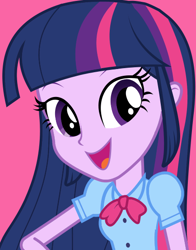 Size: 434x554 | Tagged: safe, imported from derpibooru, twilight sparkle, equestria girls, bust, female, official, open mouth, pink background, simple background, smiling, solo
