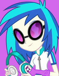 Size: 434x554 | Tagged: safe, imported from derpibooru, dj pon-3, vinyl scratch, equestria girls, female, headphones, official, purple background, simple background, smiling, solo