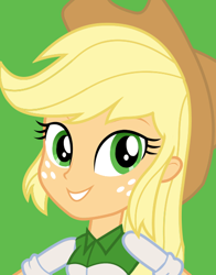 Size: 434x554 | Tagged: safe, imported from derpibooru, applejack, equestria girls, bust, female, green background, looking at you, official, simple background, smiling, solo