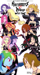 Size: 708x1342 | Tagged: safe, artist:m.y., imported from derpibooru, applejack, fluttershy, pinkie pie, rainbow dash, rarity, sunset shimmer, twilight sparkle, equestria girls, akiyama mio, battle of the bands, blackletter, crossover, electric guitar, guitar, heavy metal, hirasawa yui, humane five, humane seven, humane six, k-on, keyboard, kotobuki tsumugi, metal, musical instrument, nakano azusa, pixiv, rock (music), simple background, sunset shredder, tainaka ritsu