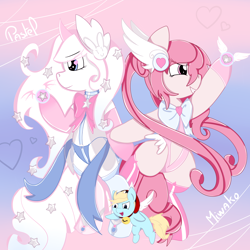 Size: 2000x2000 | Tagged: safe, artist:saralien, imported from derpibooru, oc, oc only, oc:honey wound, oc:miwako, oc:pastel princess, alicorn, earth pony, pony, abstract background, bipedal, clothes, female, heart eyes, magical girl, mare, profile, socks, thigh highs, trio, wingding eyes