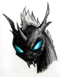 Size: 1024x1268 | Tagged: safe, artist:thatonegib, imported from derpibooru, changeling, angry, bust, colored pencil drawing, fangs, frown, grumpy, looking at you, monochrome, partial color, portrait, simple background, solo, traditional art, unamused, white background