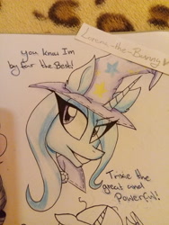 Size: 3120x4160 | Tagged: safe, artist:lorena-the-bunny, imported from derpibooru, trixie, pony, unicorn, absurd resolution, cape, clothes, dialogue, female, hat, lidded eyes, solo, traditional art, trixie's cape, trixie's hat