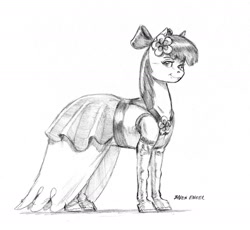 Size: 1400x1287 | Tagged: safe, artist:baron engel, imported from derpibooru, apple bloom, earth pony, pony, bow, clothes, dress, female, filly, grayscale, hair bow, looking at you, monochrome, pencil drawing, simple background, sketch, smiling, solo, traditional art, white background