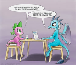 Size: 1121x968 | Tagged: safe, artist:el-yeguero, imported from derpibooru, princess ember, spike, dragon, book, bowl, comic, computer, dialogue, dragoness, female, gem, glass, just friends, laptop computer, looking at each other, male, milk, open mouth, sitting, smiling, spread wings, stool, table, wings