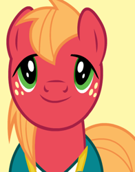 Size: 434x554 | Tagged: safe, imported from derpibooru, big macintosh, earth pony, pony, bust, lidded eyes, looking at you, male, official, simple background, smiling, solo, yellow background