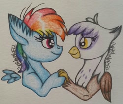 Size: 1825x1542 | Tagged: safe, artist:raritylover152, imported from derpibooru, gilda, rainbow dash, griffon, pegasus, pony, duo, ear fluff, female, filly, friends, looking at each other, not shipping, simple background, smiling, traditional art, younger