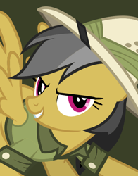 Size: 434x554 | Tagged: safe, imported from derpibooru, daring do, pegasus, pony, brown background, clothes, female, hat, looking at you, official, simple background, smiling, solo, spread wings, wings