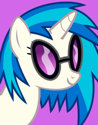 Size: 434x554 | Tagged: safe, imported from derpibooru, dj pon-3, vinyl scratch, pony, unicorn, female, purple background, simple background, smiling, solo, sunglasses