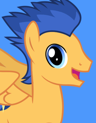 Size: 434x554 | Tagged: safe, imported from derpibooru, flash sentry, pegasus, pony, blue background, looking at you, male, official, open mouth, simple background, smiling, solo, spread wings, wings