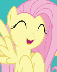 Size: 434x554 | Tagged: safe, imported from derpibooru, fluttershy, pegasus, pony, cute, eyes closed, female, flying, official, open mouth, shyabetes, simple background, smiling, solo, spread wings, teal background, wings