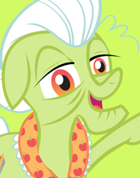 Size: 434x554 | Tagged: safe, imported from derpibooru, granny smith, female, floppy ears, green background, lidded eyes, looking at you, official, open mouth, raised hoof, simple background, smiling, solo