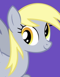 Size: 434x554 | Tagged: safe, imported from derpibooru, derpy hooves, pegasus, pony, female, official, purple background, simple background, smiling, solo, spread wings, wings