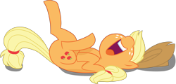 Size: 7718x3705 | Tagged: safe, artist:cr-animation, artist:mickeymonster, imported from derpibooru, applejack, earth pony, pony, absurd resolution, applejack's hat, cowboy hat, cute, female, hat, jackabetes, laughing, legs in air, mare, nose in the air, on back, open mouth, simple background, solo, transparent background, vector