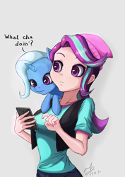 Size: 763x1080 | Tagged: safe, artist:the-park, imported from derpibooru, starlight glimmer, trixie, human, pony, unicorn, beanie, cellphone, clothes, cute, dialogue, diatrixes, duo, gray background, hat, humanized, inconvenient trixie, phone, simple background