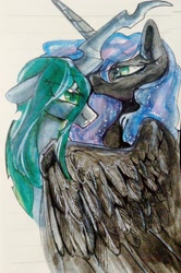 Size: 2212x3326 | Tagged: safe, artist:goldenrainynight, imported from derpibooru, nightmare moon, queen chrysalis, alicorn, changeling, changeling queen, chrysmoon, female, forehead kiss, hug, lesbian, shipping, simple background, traditional art, winghug