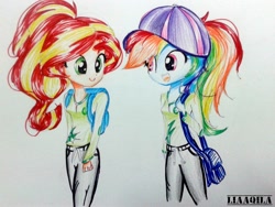 Size: 2048x1536 | Tagged: safe, artist:liaaqila, imported from derpibooru, rainbow dash, sunset shimmer, equestria girls, backpack, bag, simple background, traditional art