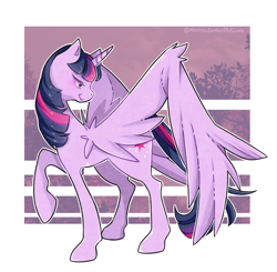 Size: 2709x2652 | Tagged: safe, artist:morrya, imported from derpibooru, twilight sparkle, alicorn, pony, abstract background, female, looking back, mare, raised hoof, smiling, solo, spread wings, twilight sparkle (alicorn)