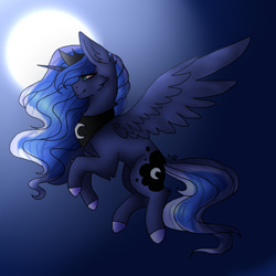 Size: 1000x1000 | Tagged: safe, artist:shadowstardraws, artist:winternightsnowflake, imported from derpibooru, princess luna, collaboration, female, flying, moon, solo