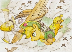 Size: 800x577 | Tagged: safe, artist:daisymane, imported from derpibooru, applejack, dragon, earth pony, pony, clothes, cloud, female, hat, mare, plane, traditional art, vest