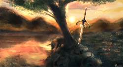 Size: 1942x1059 | Tagged: safe, artist:retsu-the-pony, imported from derpibooru, oc, oc only, oc:retsu, flamberge, lake, mountain, scenery, solo, sunset, sword, tree, under the tree, weapon