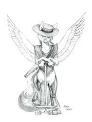 Size: 1100x1456 | Tagged: safe, artist:baron engel, imported from derpibooru, scootaloo, anthro, pegasus, unguligrade anthro, female, grayscale, gun, hat, monochrome, pencil drawing, scooter, signature, simple background, solo, traditional art, weapon, western, white background