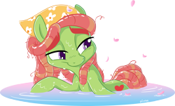 Size: 2755x1661 | Tagged: safe, artist:dilarus, deleted from derpibooru, imported from derpibooru, tree hugger, earth pony, pony, female, flower petals, huggerbetes, mare, simple background, smiling, solo, transparent background, water, wet