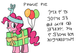 Size: 1200x840 | Tagged: safe, artist:hoofclid, imported from derpibooru, pinkie pie, abjad, balloon, decode the message, decoded in the comments, female, phoenician, present, programming, solo, text, translated in the comments