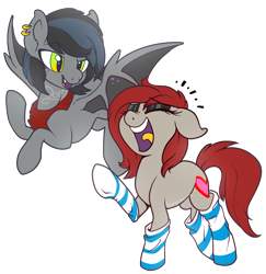 Size: 1358x1395 | Tagged: safe, artist:breioom, imported from derpibooru, oc, oc only, oc:notde, oc:ponepony, bat pony, pony, clothes, eyeshadow, laughing, makeup, simple background, socks, striped socks, transparent background