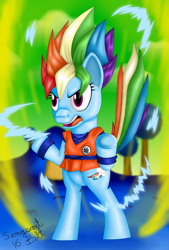 Size: 3495x5168 | Tagged: safe, artist:sergeant16bit, imported from derpibooru, rainbow dash, pony, absurd resolution, anime, bipedal, clothes, crossover, dragon ball, dragon ball z, female, mare, namek, open mouth, signature, solo, super saiyan, underhoof