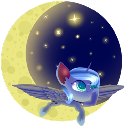 Size: 1024x1051 | Tagged: safe, artist:aquapegasus, imported from derpibooru, princess luna, pony, crescent moon, cute, female, lunabetes, moon, prone, s1 luna, solo, spread wings, stars, tangible heavenly object, transparent moon, wings