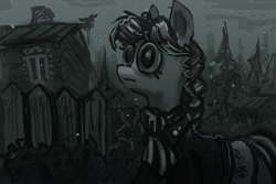 Size: 800x534 | Tagged: safe, artist:agm, imported from derpibooru, earth pony, pony, clothes, forest, monochrome, solo