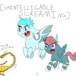 Size: 3000x3000 | Tagged: safe, artist:vorian caverns, imported from derpibooru, oc, oc only, oc:frosty, oc:vorian caverns, bat pony, pegasus, pony, scorpion, apocalyptic cuteness, blue eyes, curly mane, duo, eyebrows, fallout equestria oc, female, filly, flying, heterochromia, male, open mouth, pink mane, running, screaming, signature, simple background, sketch, stallion, striped legs, white background, wings