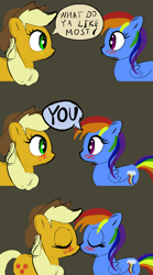 Size: 1594x2870 | Tagged: safe, artist:xbi, imported from derpibooru, applejack, rainbow dash, pony, appledash, dialogue, female, kissing, lesbian, shipping