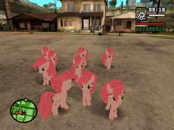 Size: 800x600 | Tagged: safe, artist:toonalexsora007, imported from derpibooru, pinkie pie, pony, too many pinkie pies, brass knuckles, clone, grand theft auto, gta san andreas, pinkie clone