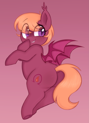 Size: 921x1269 | Tagged: safe, artist:toroitimu, imported from derpibooru, oc, oc only, oc:capillary, bat pony, pony, butt, female, gradient background, looking back, mare, plot, plump, smiling, solo, thick