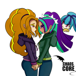 Size: 500x500 | Tagged: safe, artist:caoscore, imported from derpibooru, adagio dazzle, aria blaze, sonata dusk, equestria girls, rainbow rocks, adaria, blushing, clothes, cute, dark skin, female, food, holding hands, hoodie, lesbian, shipping, simple background, taco, the dazzlings, white background