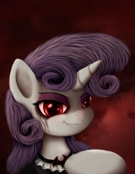 Size: 1672x2157 | Tagged: safe, artist:rameslack, imported from derpibooru, sweetie belle, pony, unicorn, vampire, bust, clothes, eyeshadow, fangs, female, makeup, portrait, red eyes, smiling, smirk, solo