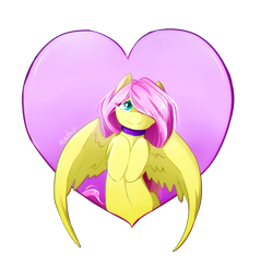 Size: 1000x982 | Tagged: safe, artist:skyeypony, imported from derpibooru, fluttershy, pegasus, pony, collar, cute, female, heart, mare, shyabetes, simple background, solo, white background