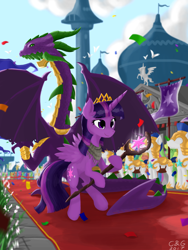 Size: 1536x2048 | Tagged: safe, artist:qzygugu, imported from derpibooru, spike, twilight sparkle, alicorn, dragon, pony, armor, canterlot, clothes, cloud, crown, female, helmet, jewelry, mare, new crown, older, older spike, regalia, royal guard, scarf, sky, smiling, twilight sparkle (alicorn), winged spike, wings