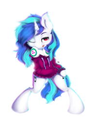 Size: 900x1200 | Tagged: safe, artist:moondreamer16, imported from derpibooru, dj pon-3, vinyl scratch, pony, unicorn, bipedal, both cutie marks, clothes, female, headphones, mare, one eye closed, simple background, smiling, solo, sweater, tongue out, wide hips, wink