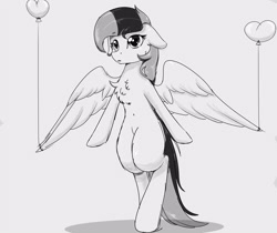 Size: 3000x2520 | Tagged: safe, artist:little-sketches, artist:php146, imported from derpibooru, oc, oc only, pegasus, pony, balloon, bipedal, chest fluff, female, high res, mare, monochrome, solo