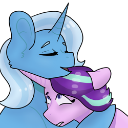 Size: 2000x2000 | Tagged: safe, artist:sharksrule12, imported from derpibooru, starlight glimmer, trixie, pony, female, high res, hug, lesbian, mare, shipping, simple background, startrix, white background