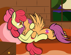 Size: 3300x2550 | Tagged: safe, artist:skyflys, imported from derpibooru, apple bloom, scootaloo, pony, cute, female, lesbian, scootabloom, scootalove, shipping, snuggling