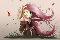 Size: 2000x1333 | Tagged: safe, artist:ncmares, imported from derpibooru, fluttershy, pegasus, pony, autumn leaves, boots, clothes, cute, female, hoof boots, jacket, leaf, leaves, mare, one eye closed, pants, raised hoof, shyabetes, signature, solo, wind, windswept mane, windswept tail