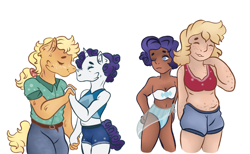 Size: 1024x630 | Tagged: safe, artist:bewarethemusicman, imported from derpibooru, applejack, rarity, anthro, human, alternate hairstyle, belly button, belt, bikini, chubby, clothes, dark skin, eyes closed, female, freckles, humanized, lesbian, midriff, one eye closed, plump, rarijack, shipping, shorts, swimsuit