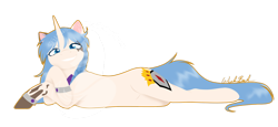 Size: 1024x469 | Tagged: safe, artist:fuyusfox, imported from derpibooru, oc, oc only, oc:chevalier, pony, unicorn, blue eyes, bracelet, cute, female, hoof on cheek, jewelry, looking at you, lying, mare, outline, prone, signature, smiling, solo, watermark