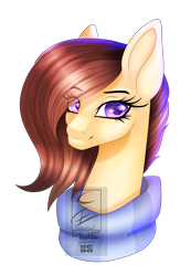 Size: 1583x2290 | Tagged: safe, artist:minelvi, imported from derpibooru, oc, oc only, oc:coffee, earth pony, pony, bust, clothes, earth pony oc, eyelashes, female, mare, portrait, scarf, simple background, smiling, solo, transparent background