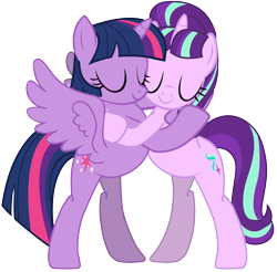 Size: 5677x5585 | Tagged: safe, artist:ramseybrony17, imported from derpibooru, starlight glimmer, twilight sparkle, alicorn, pony, unicorn, absurd resolution, bipedal, bipedal leaning, eyes closed, female, hug, implied lesbian, leaning, lesbian, mare, s5 starlight, shipping, simple background, smiling, transparent background, twilight sparkle (alicorn), twistarlight